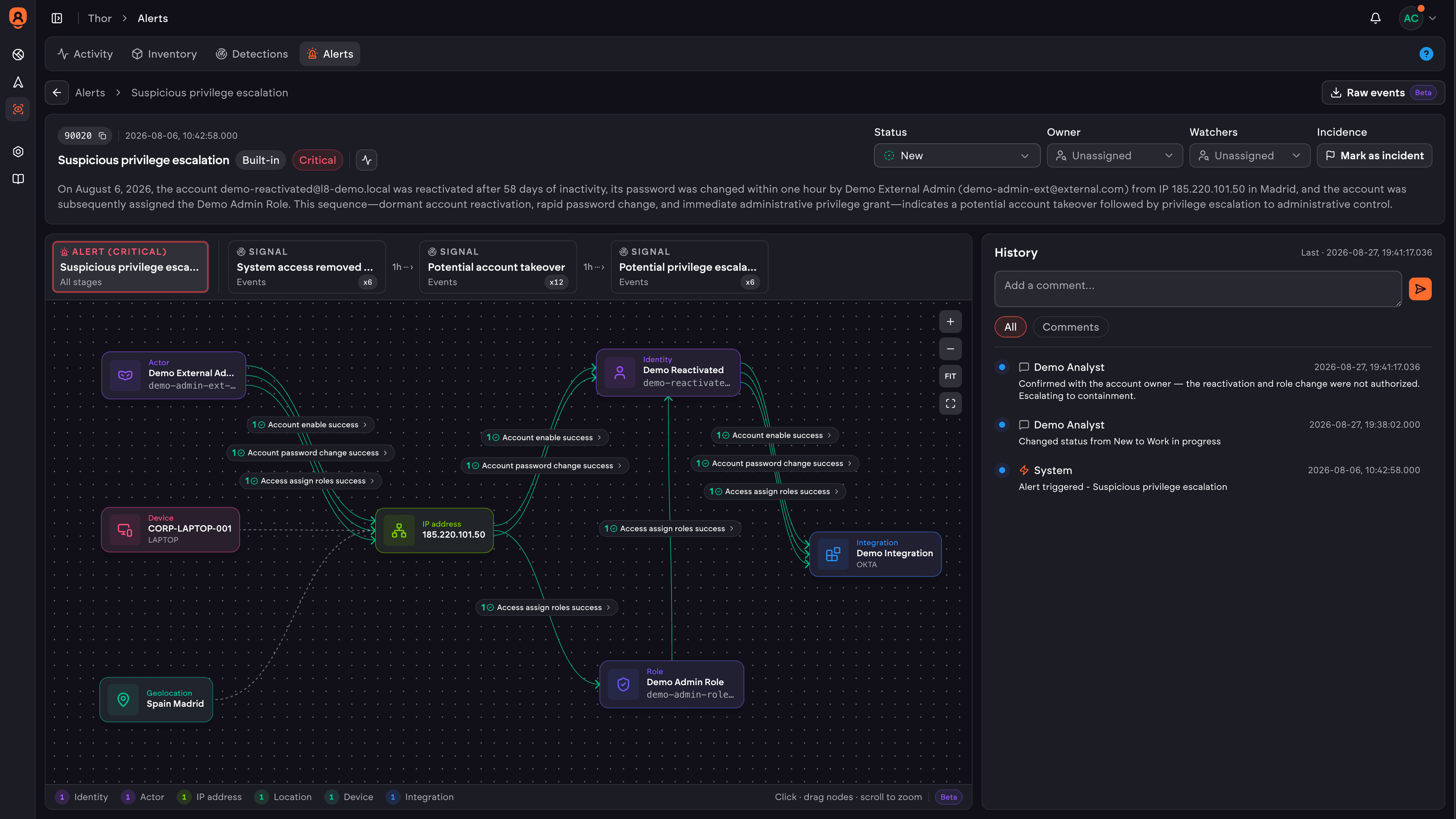Alert detail with the identity graph reconstructing the attack path